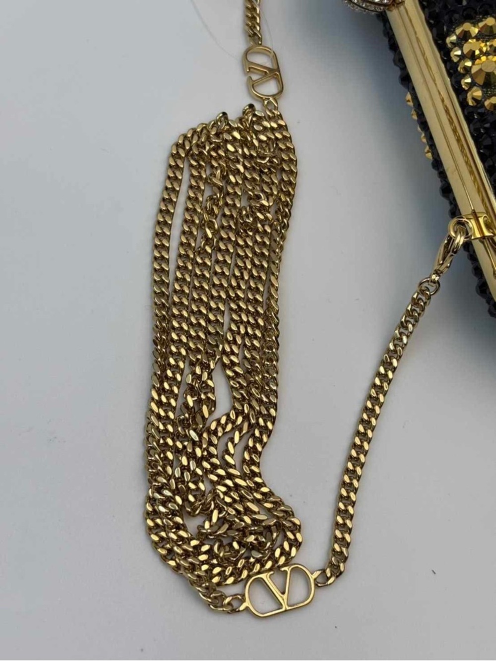 Valentino Black and Gold Crystal Heart Evening Clutch with Chain - Picture 10 of 16